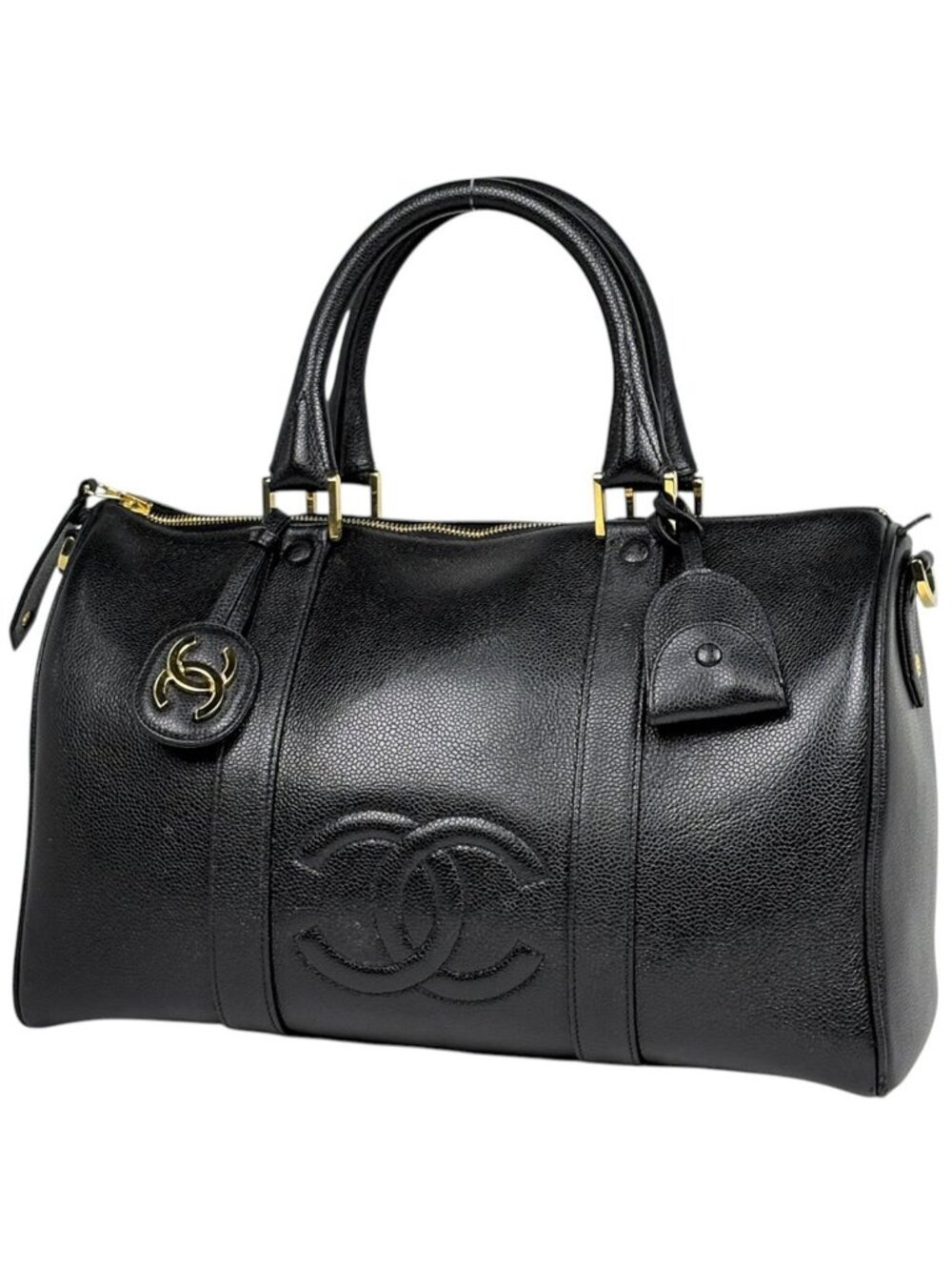 Chanel Handbag CC Logo 2-Way Mini Boston Caviar Leather Black